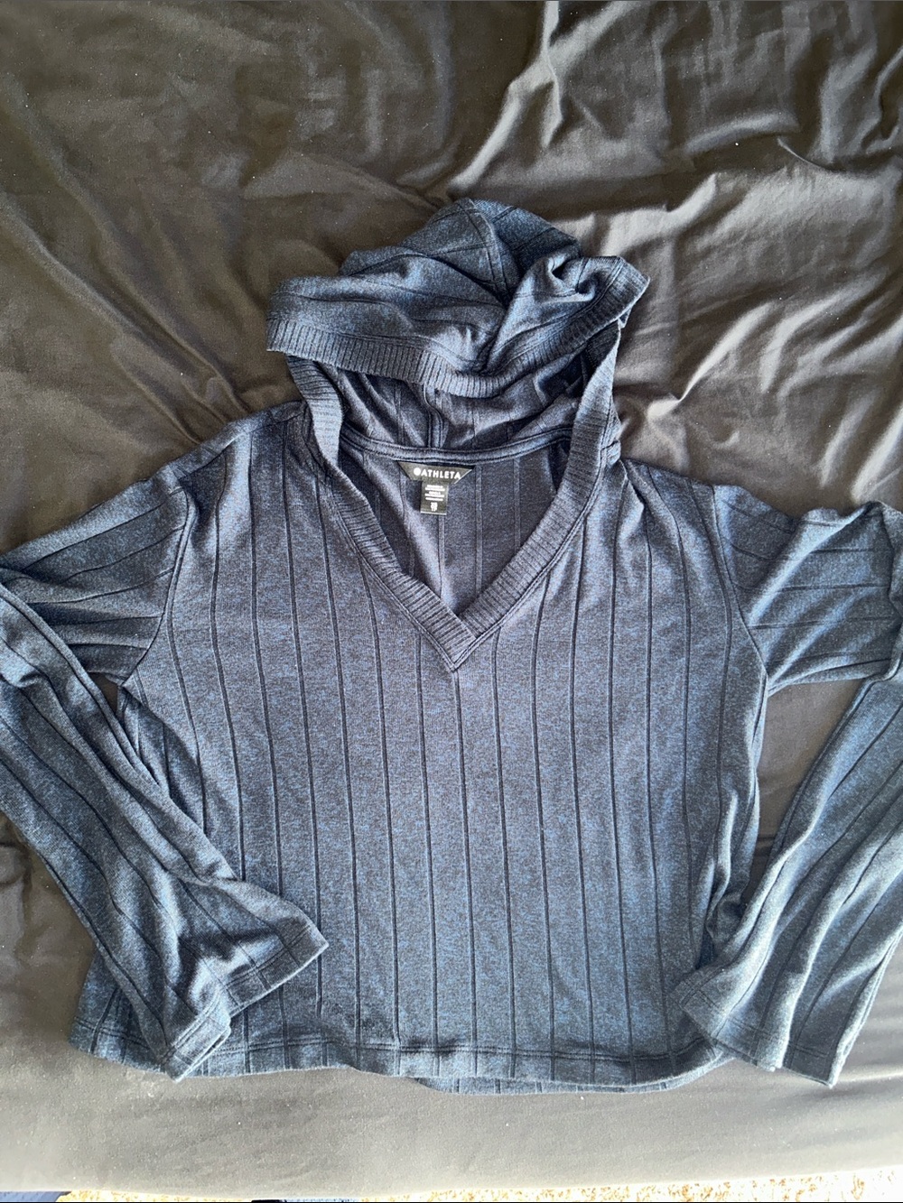 Athleta Harmony Pose Blue V Neck Ribbed Hooded Sweater Women’s XS